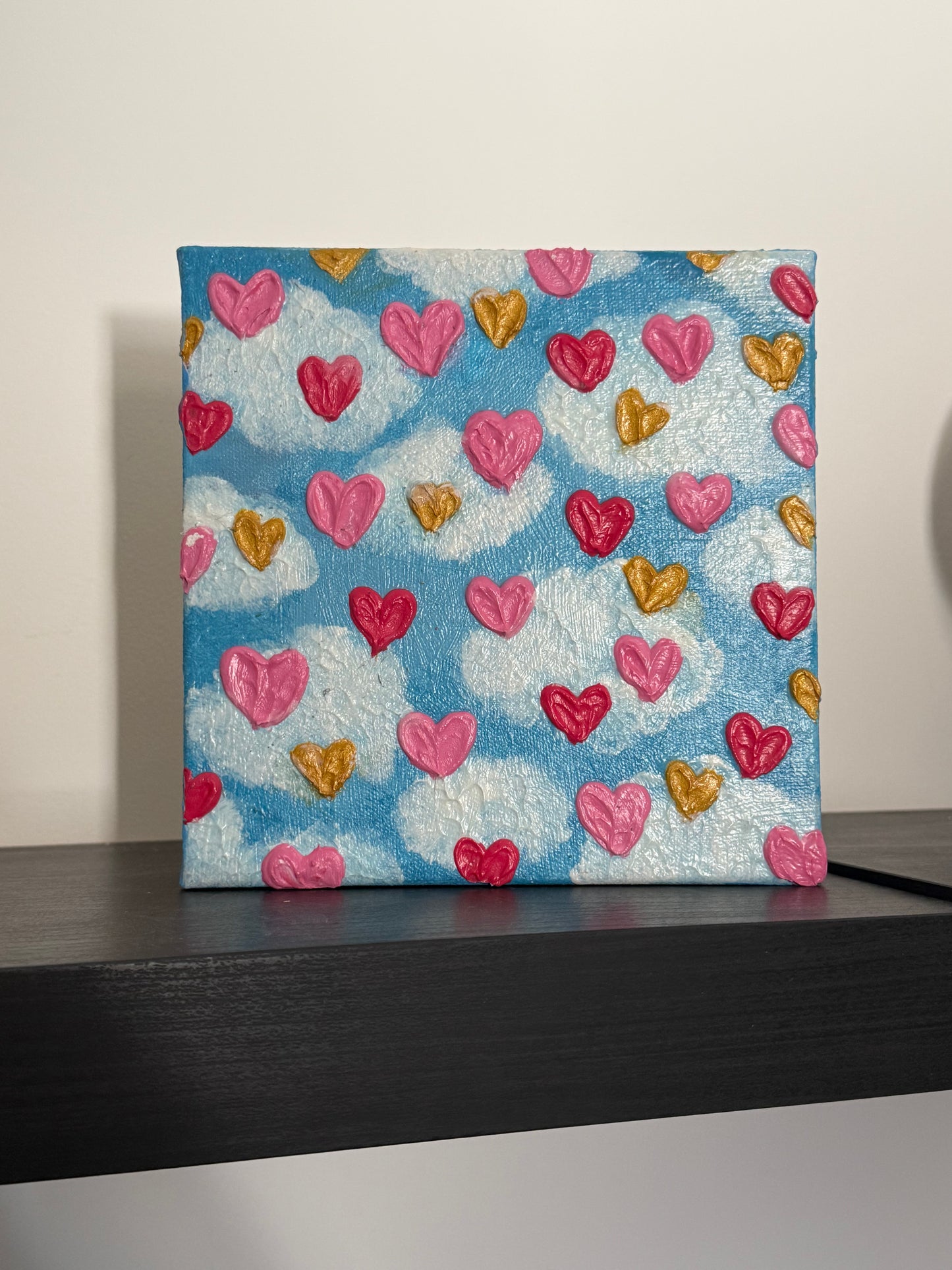 One-of-a-kind, Hand Painted Cloud Hearts Abstract Canvas 8x8inch deep edge