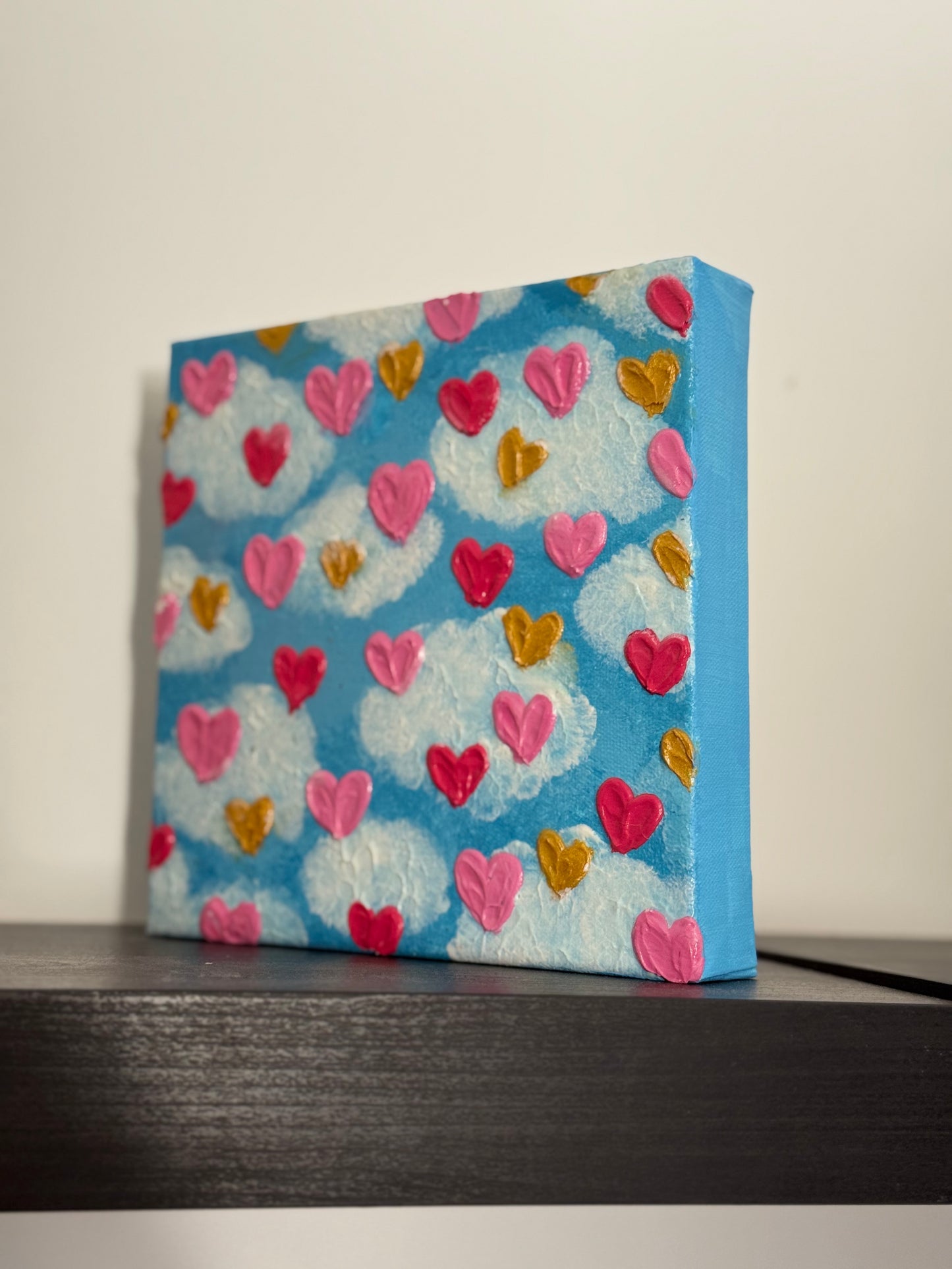 One-of-a-kind, Hand Painted Cloud Hearts Abstract Canvas 8x8inch deep edge