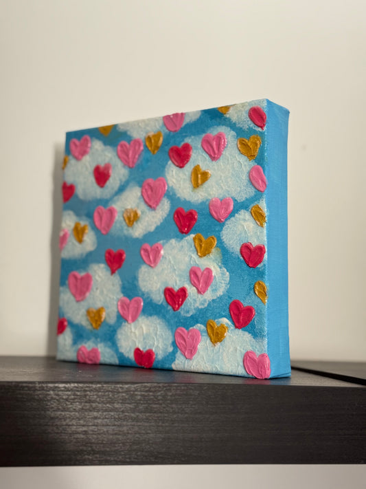 One-of-a-kind, Hand Painted Cloud Hearts Abstract Canvas 8x8inch deep edge